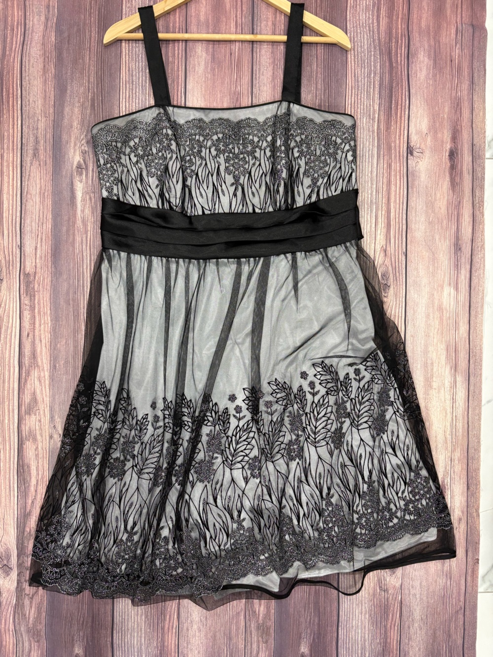 R&M Richards Black and silver A-Line Lace-Overlay Dress